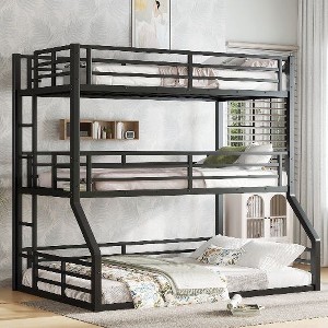 Kumasinova Metal Triple Bunk Bed, Heavy-Duty Steel Bed Frame with Full-Length Guardrails, Noise-Reducing Design for Shared Kids' Rooms/Guest Spaces - 1 of 4