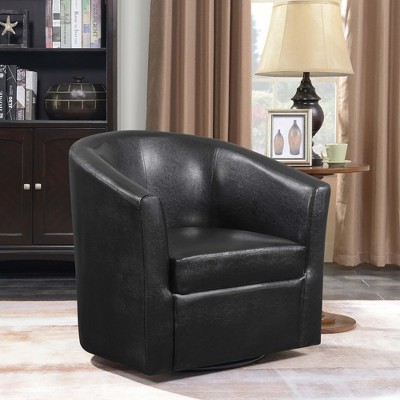 Leatherette and Wood Swivel Armchair with Retro Barrel Back, 360¡ã Rotation and Sloping Arms