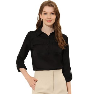 INSPIRE CHIC Women's Turn Down Collar Long Sleeve Button Up Casual Work Shirt - 1 of 4