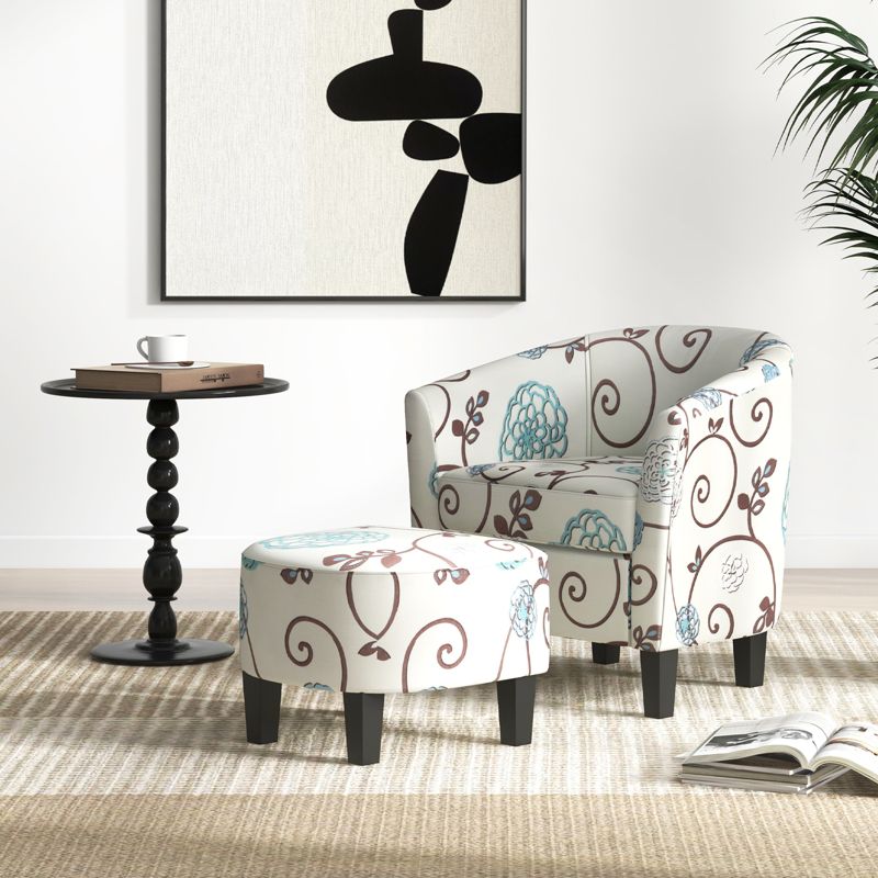 Costway Barrel Modern Accent Tub Upholstered Chair French Print with Ottoman Grey Floral, 4 of 11