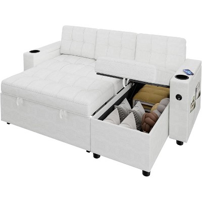 84" L-Shaped Convertible Sofa Bed with Storage, Sleeper Sectional w/ USB Ports & Cup Holders for Small Spaces