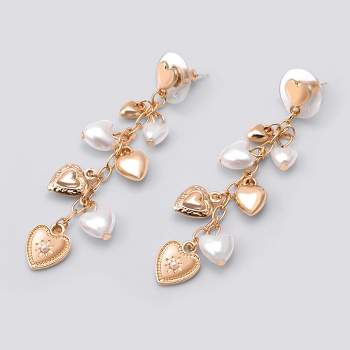 Linear Drop Earring with Heart Charms -Gold