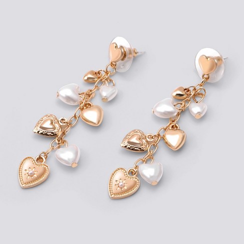 Linear Drop Earring With Heart Charms -gold : Target