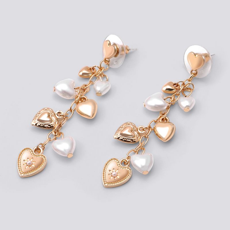 Linear Drop Earring with Heart Charms -Gold, 1 of 3
