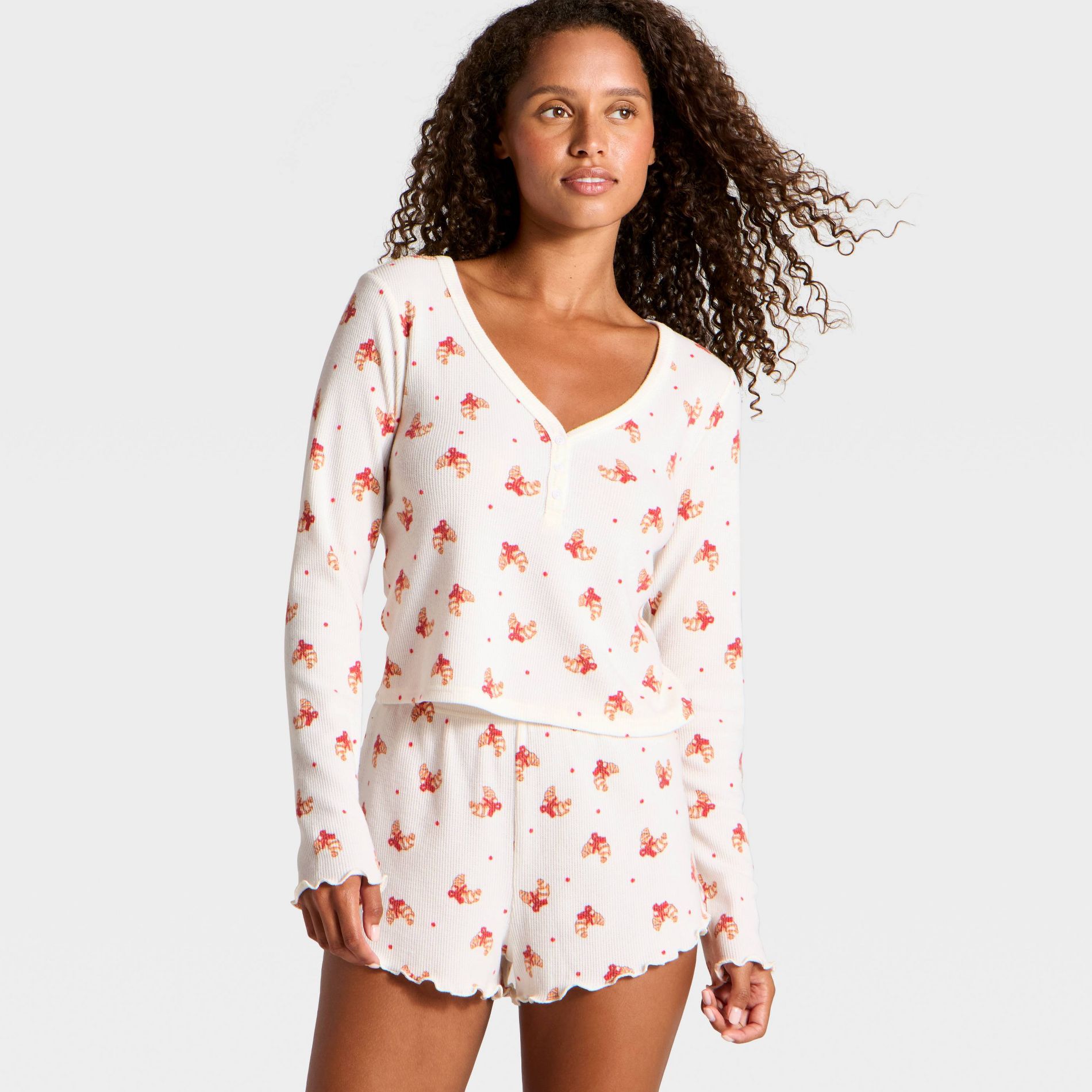 Women's Waffle Long Sleeve Top and Shorts Pajama Set - Wild Fable™ Cream Croissant XXS