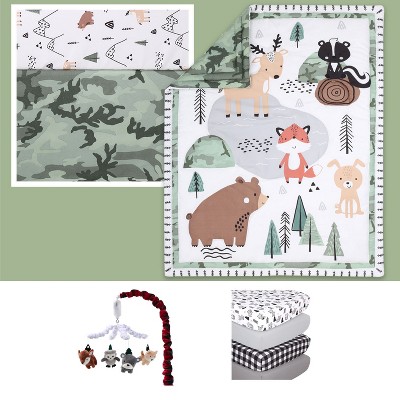 Image of The Peanutshell Woodland Camo Crib Bedding Set, 4 Pk Sheets and Mobile - 8 Piece Set