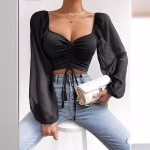Coolmee Women's Cropped Tops Sweetheart Neck Ruched Slim Fit Lantern Long Sleeve Splicing Chiffon Square Back Front Drawstring Tie Blouses XL Black - 1 of 2