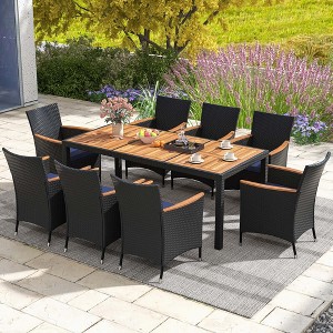 Costway 9 PCS Outdoor Dining Set with Acacia Wood Tabletop, Umbrella Hole, Seat Cushions - 1 of 4