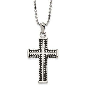 Black Bow Jewelry Men's Stainless Steel Antiqued and Polished Cross Necklace, 22 Inch - 1 of 3
