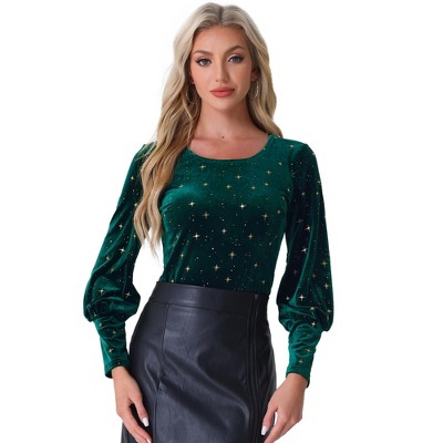 Allegra K Women's Velvet Metallic Shiny Crew Neck Long Sleeve Blouse