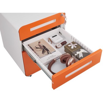 Compact 3-drawer mobile file cabinet with rounded edges¡ªfeatures 5 anti-tip wheels, cold-rolled steel construction.
