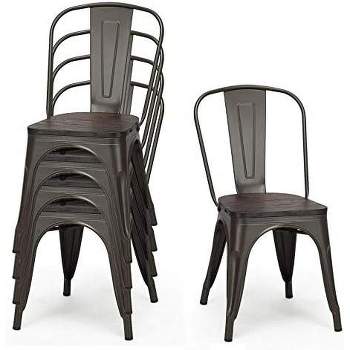 Tangkula 4 PCS Metal Dining Chairs Stackable Bar Chairs with Wood Seat Backrest for Kitchen Cafe Gun