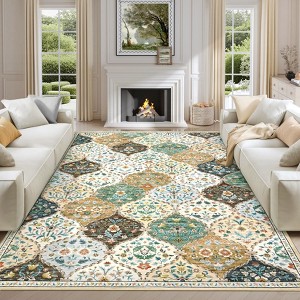 Washable Area Rug Floral Print Accent Carpet with Non-Slip Backing - 1 of 4