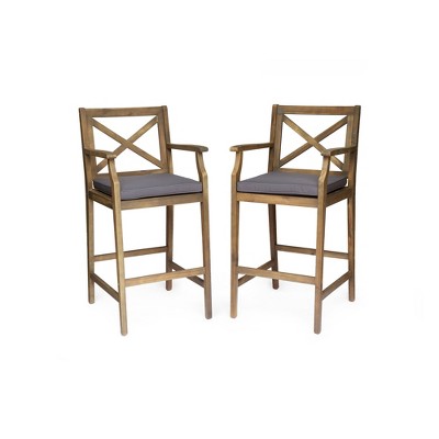 Dsvimoy Counter and Bar Stool Acacia Wood Cross Back Design with Water Resistant Cushions for Patio, Gray, 49.5"*26.25"*11"