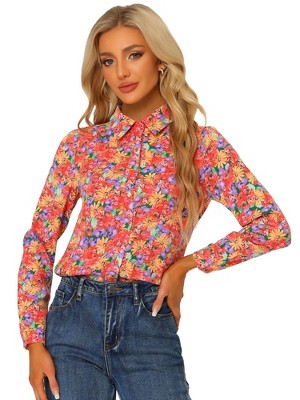 Allegra K Women's Point Collar Long Button Sleeve Button Down Floral Shirt
