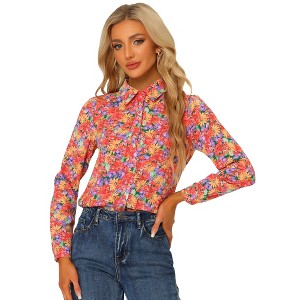 Allegra K Women's Point Collar Long Button Sleeve Button Down Floral Shirt - 1 of 4