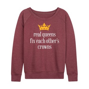 Women's - Instant Message - Real Queens Fix Each Other's Crown Lightweight French Terry Wide Neck Long Sleeve Graphic Shirt - 1 of 4