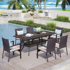 Captiva Designs Outdoor 7Pc Cast Aluminum Square Metal Dining Table with Umbrella Hole & Cushioned Wicker Rattan Chairs - 1 of 1