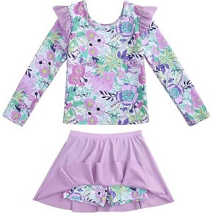 Girls Rash Guard Swimsuit Set Long Sleeve 2 Pieces Bathing Suit Swimming Skirt with Shorts 4-13Y - 1 of 3