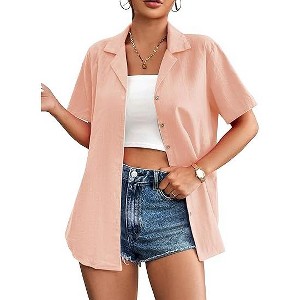 Zeagoo Women Cotton Linen Shirt Button Down Short Sleeve Blouses Casual Tops V Neck Collared Business Work Summer Blouses - 1 of 1