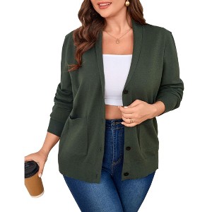 Coolmee Women's Plus Size Button Down Cardigan Sweaters Long Sleeve Lapel Collar Knit Soft Shrugs with Pocket - 1 of 4