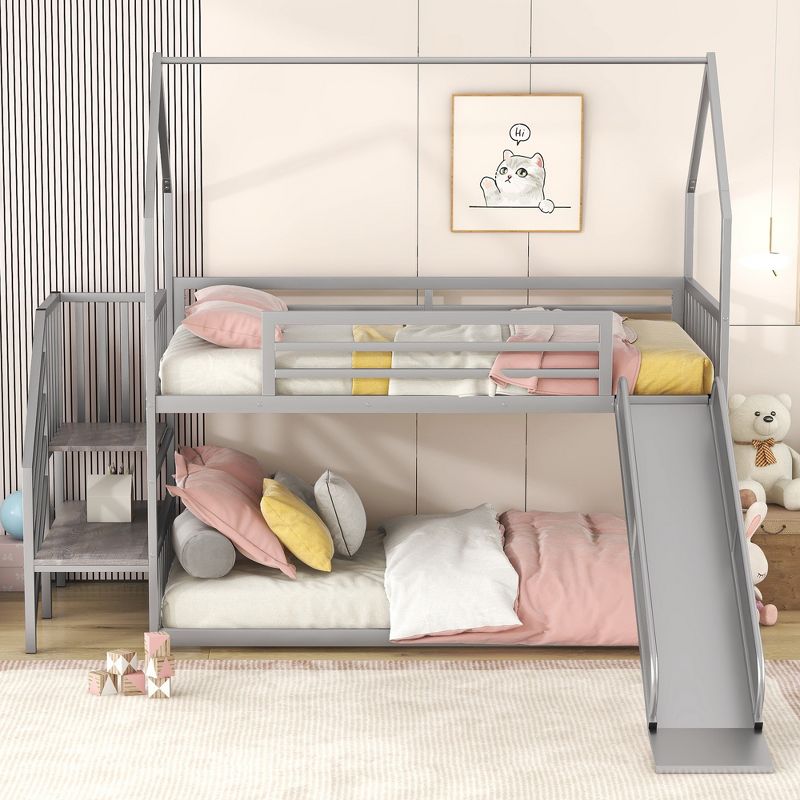 Twin over Twin Metal Bunk Bed House Bed with Slide and Staircase-ModernLuxe, 2 of 12
