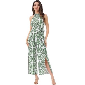 INSPIRE CHIC Women's Sleeveless Tie Halter Neck Belt Slit Wide Leg Boho Jumpsuit - 1 of 4