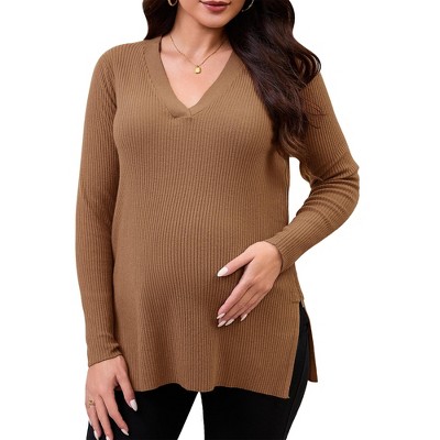 INSPIRE CHIC Women's Maternity Nursing Sweater Fall Winter Side Zip for Breastfeeding Stretchy Knit Top