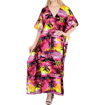 LA LEELA Women's House Daily Routine Evening Wear Loungewear Casual Long Kaftan Cover Up Slit Dress Maxi Dresses Caftans for Women 2X-3X Pink, Tree