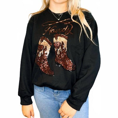 Women's Long Sleeve Sequin Cow Boots Patch Sweatshirt Top - SHE + SKY