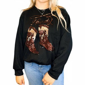 Women's Long Sleeve Sequin Cow Boots Patch Sweatshirt Top - SHE + SKY S - 1 of 1