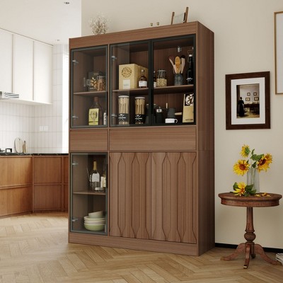 FUFU&GAGA Brown Multifunctional Kitchen Cabinet and Tableware Cabinet with Glass and Solid Doors