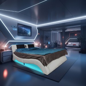 NicBex Queen/King Faux Leather Upholstered Bed Frame with LED,Wave Like Curve Platform Bed Frame with Bluetooth,Backrest Vibration Massage - 1 of 4