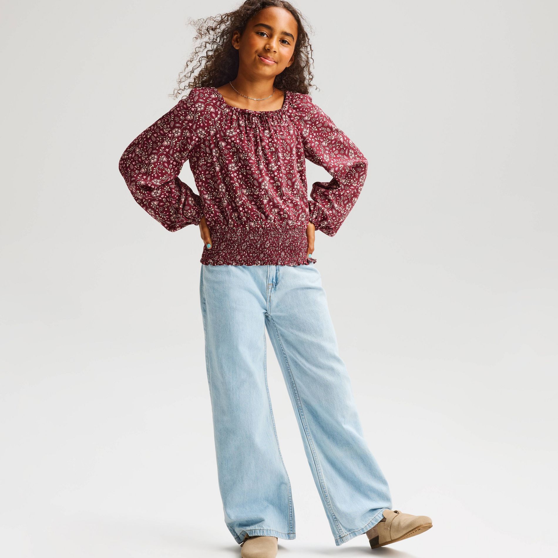 Girls' Long Sleeve Smocked Woven Floral Blouse - Cat & Jack™ Dark Red M