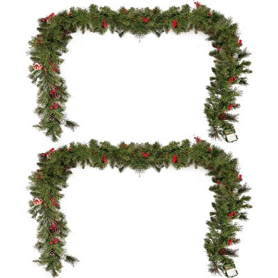 2 Pack Pre-lit 9FT Christmas Garland W/15 Red Berries & Pine Cones, 50 Warm White LED Lights, 180 Tips, Artificial Pine Garland, Christmas Collection