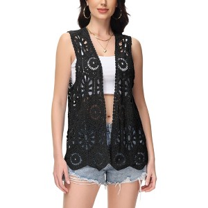 Anna-Kaci Women's Floral Crochet Cardigan Lace Trim Sleeveless Open Front Vest - Medium, Black - 1 of 4