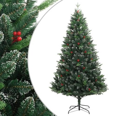vidaXL - 70.9" Artificial Hinged Christmas Tree with Red Berries - Lifelike PE Tips, Sturdy Metal Stand - Reusable Xmas Déco