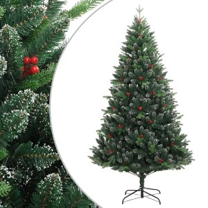 vidaXL - 70.9" Artificial Hinged Christmas Tree with Red Berries - Lifelike PE Tips, Sturdy Metal Stand - Reusable Xmas Déco - 1 of 4