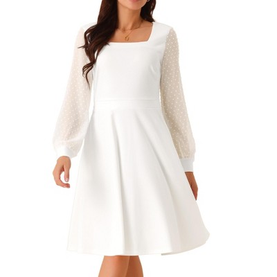 Seta T Women's Long Sleeve Swiss Dots Square Neck Knee Length Elegant Dress
