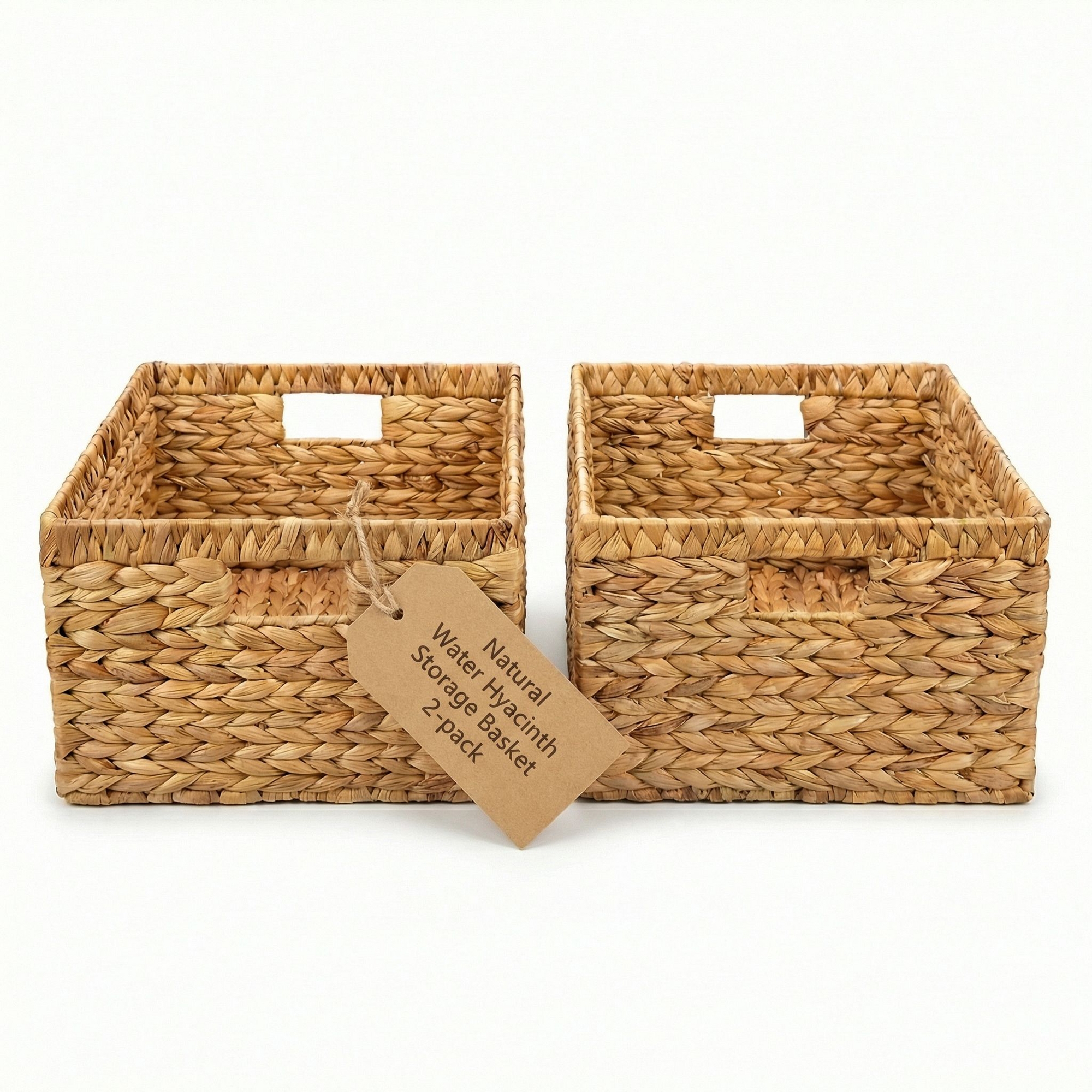 DEILSY Natural Water Hyacinth Wicker Storage Basket with Built-in Handles, Handwoven Wicker Basket for Pantry, Shelves or Closet - 2 Pack