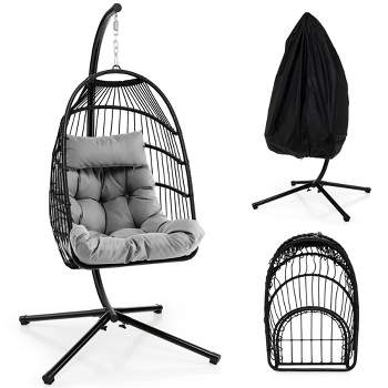 Costway Patio Hanging Egg Chair with Stand Waterproof Cover Folding Basket Cushion Grey\Brown