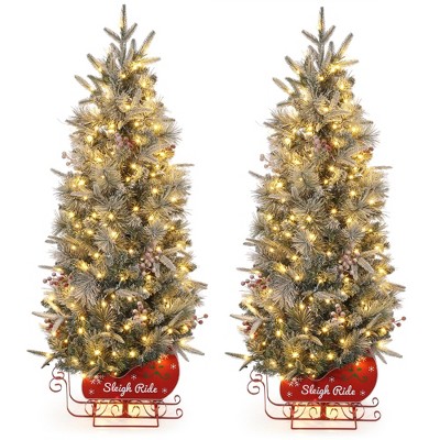 4.5 Foot Pre-Lit Artificial Christmas Tree with 85 Clear Lights,Timer,Pine Cones and Sleigh Base for Front Door, Porch, Xmas Home