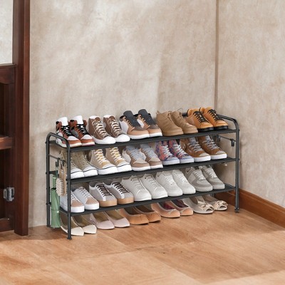 Shoe Rack, 3 Tier Shoe Organizer, Fabric Shoe Shelf Storage with 4 Hooks, Holds up to 18 Pairs of Shoes