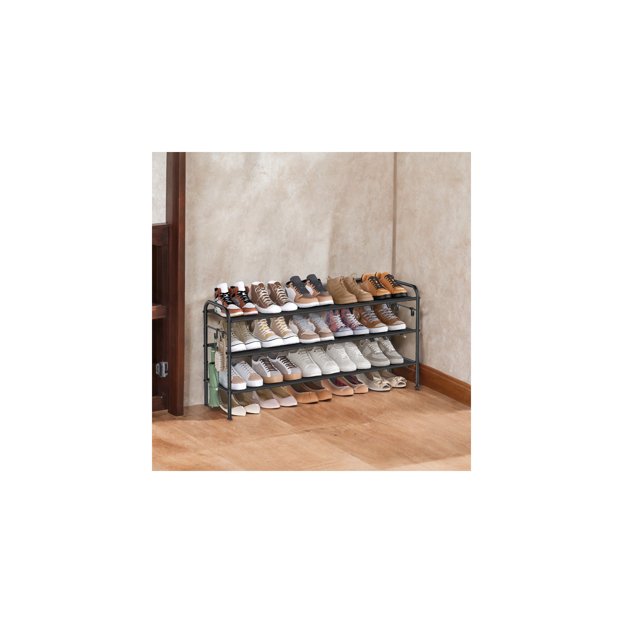Shoe Rack, 3 Tier Shoe Organizer, Fabric Shoe Shelf Storage with 4 Hooks, Holds up to 18 Pairs of Shoes