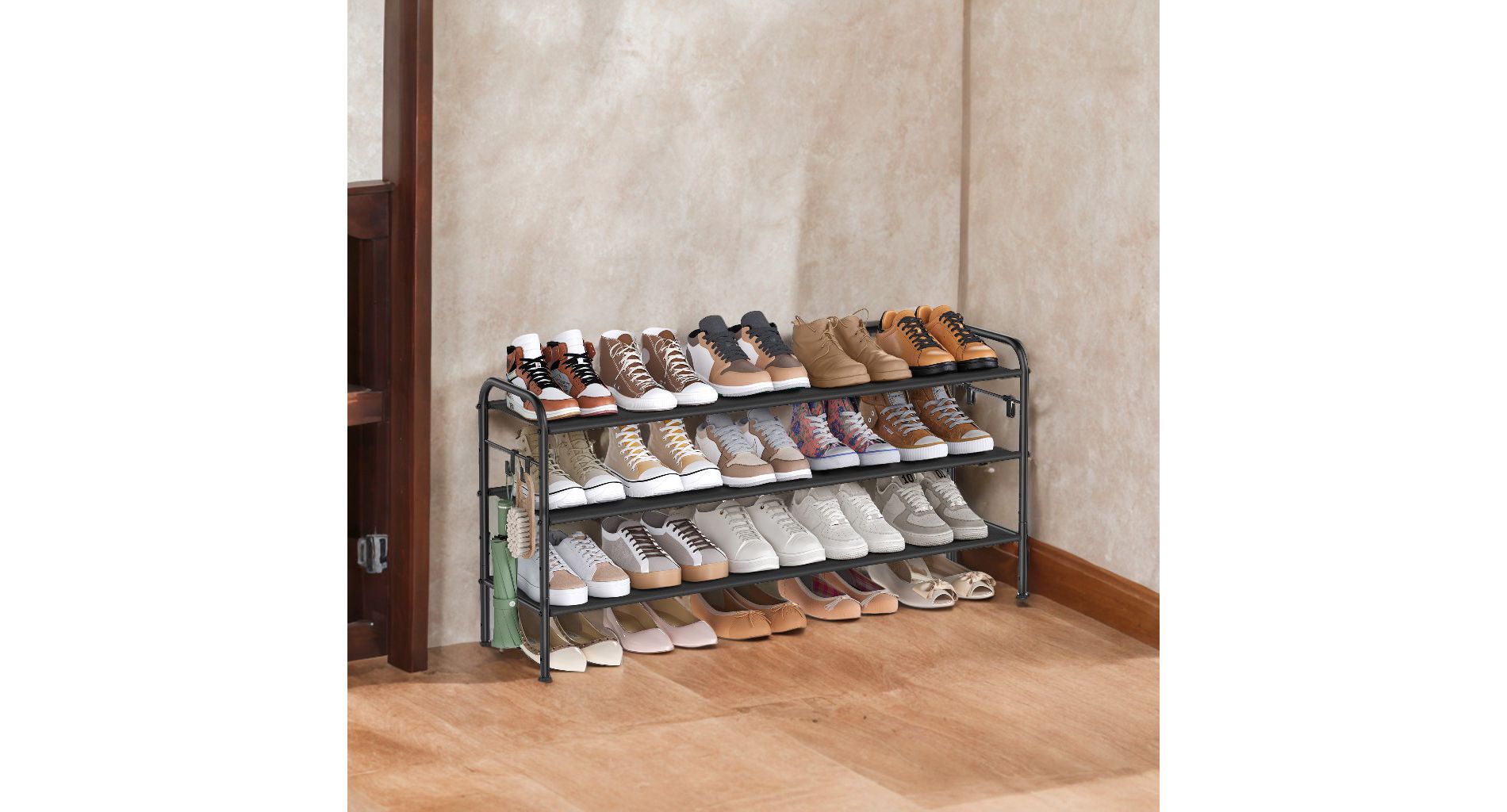 Shoe Rack, 3 Tier Shoe Organizer, Fabric Shoe Shelf Storage with 4 Hooks, Holds up to 18 Pairs of Shoes, Height-Adjustable Shoe Rack for Entryway