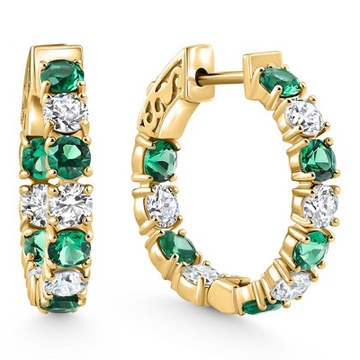 Pompeii3 4 1/2Ct Emerald & Diamond Hoops White or Yellow Gold Lab Created 1" Tall