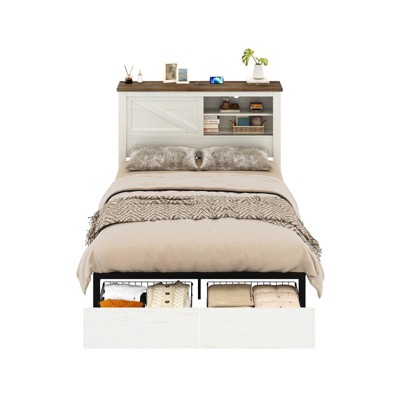 AMERLIFE 47.2" H Bed Frame with Bookcase Headboard, Charging Station, 2 Drawers