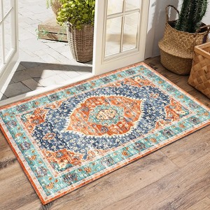 Vintage Style Area Rug, Thin Washable Entryway Rug, Distressed Multi Thin Carpet, Foldable Accent, Low Pile Lightweight Print, for Living Room - 1 of 4