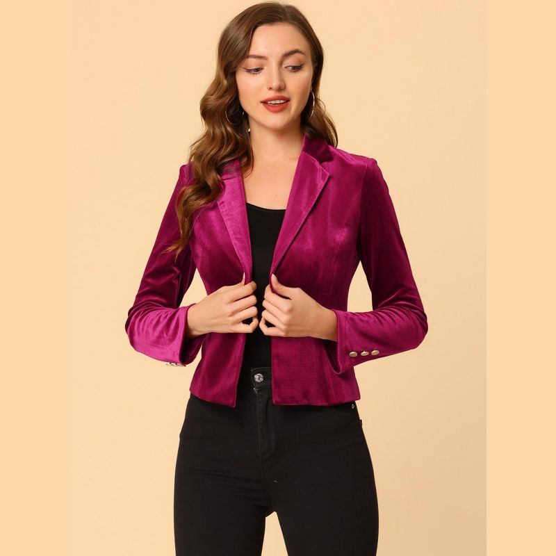 Allegra K Women's 1 Button Lapel Collar Business Office Crop Suit Velvet Blazer, 4 of 7
