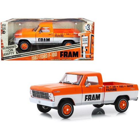 1967 Ford F 100 Pickup Truck Orange And White Fram Oil Filters Running On Empty 124 Diecast Model Car By Greenlight